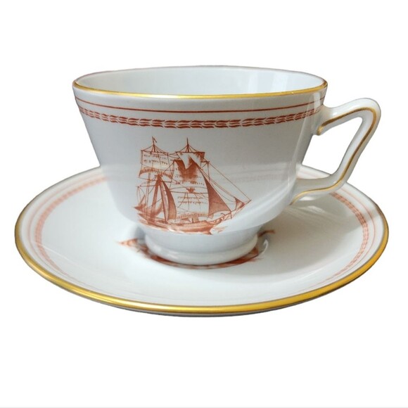Spode Trade Winds Cup Saucer Red Gold England Fine Stone W128 Design C 1805 - Picture 11 of 11